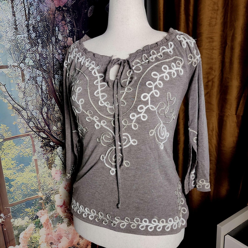 M Lauren Michelle Tunic Top, Gray with White Embroidery Accents, 3/4 Sleeves